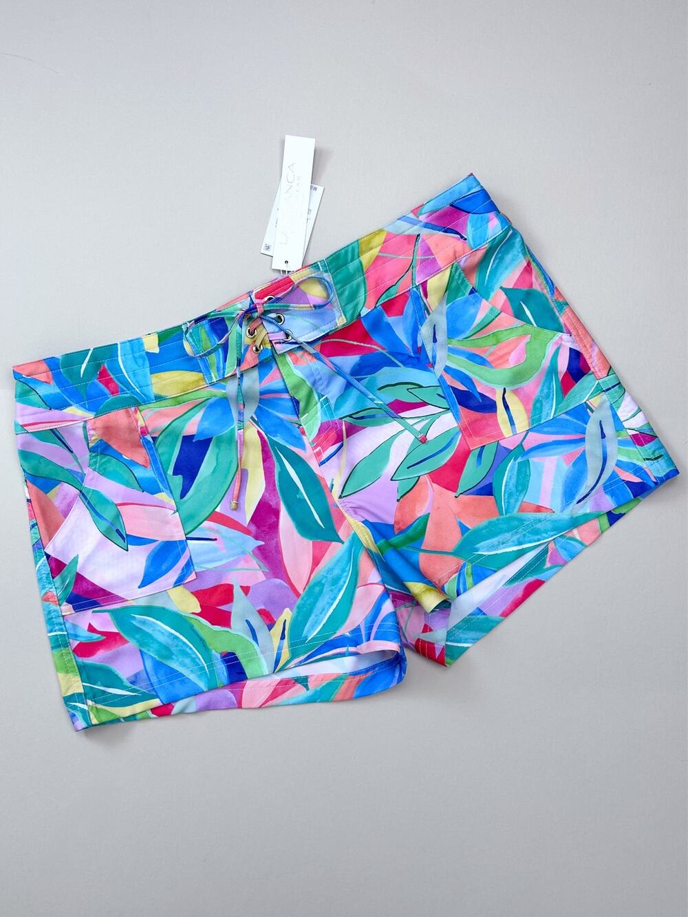 La Blanca XL Colorful Tropical Coastal Beach Summer Lace-Up Swim Shorts NWT
